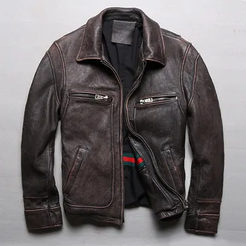 Мужская ретро коричневая куртка из натуральной кожи, классическая винтажная мотоциклетная куртка, высококачественные пальто из толстой воловьей кожи, большие размеры S-5XL