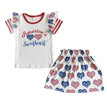Маленькая Мисс США, 4 июля, Летний комплект для детей, Детский Синий топ с короткими рукавами, леопардовые шорты с рюшами, Оптовая продажа одежды для маленьких девочек
