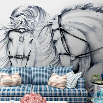Пользовательские обои 3d фреска ручная роспись черно-белая пара лошадь обои гостиная картина маслом фон настенная живопись