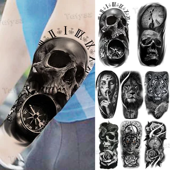 Черный Большой Череп, временные татуировки для женщин, мужчин, Реалистичный Вампир, Тигр, Змея, Цветок, Поддельная татуировка, Наклейка на руку, ногу, татуировки