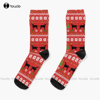 Носки с рисунком свитера Black Labrador Happy Christmas, Белые Носки, женские носки с цифровой печатью 360 °, подарочная уличная одежда на заказ, Забавный рисунок носков