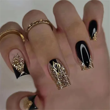 Новые французские накладные ногти черного цвета с дизайнерской квадратной головкой, маникюр с золотыми блестками, съемные накладные кончики для ногтей
