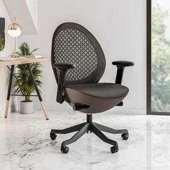 Темно-серое офисное кресло, компьютерное кресло, кресло для отдыха, эргономичный дизайн, спинка из дышащей эластичной пластиковой сетки.
