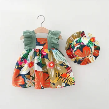 Летнее платье для маленьких девочек, новое повседневное платье с рукавом в виде тропического цветка и шляпой