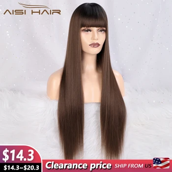 AISI HAIR Синтетические Длинные Прямые парики Омбре, Темно-коричневые парики с челкой, натуральный Термостойкий парик для женщин, искусственные Женские волосы